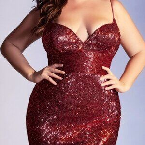 NEW BURGUNDY PLUS SIZE PARTY EVENING CURVY FITTED SEQUIN GOWN CD180